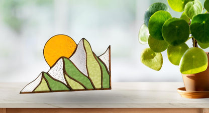 Summer Mountain Scape Stained Glass Corner Panel - Samara Designs Studio