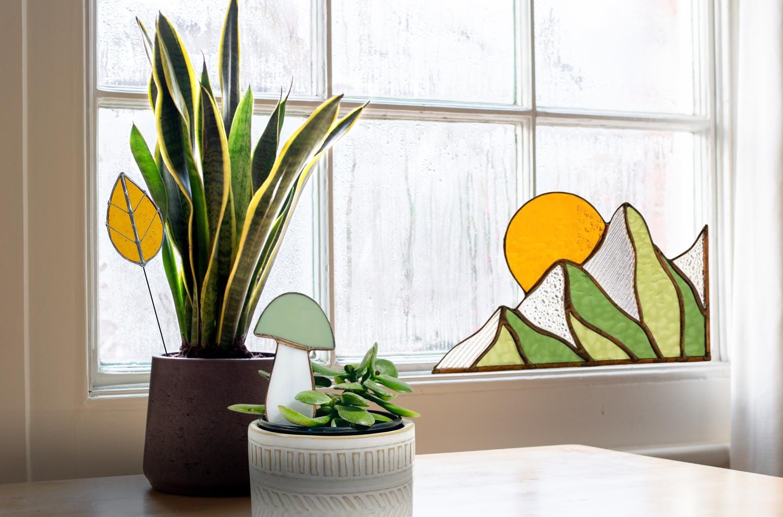 Summer Mountain Scape Stained Glass Corner Panel - Samara Designs Studio