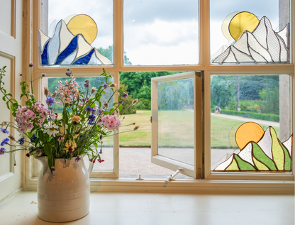 Summer Mountain Scape Stained Glass Corner Panel - Samara Designs Studio