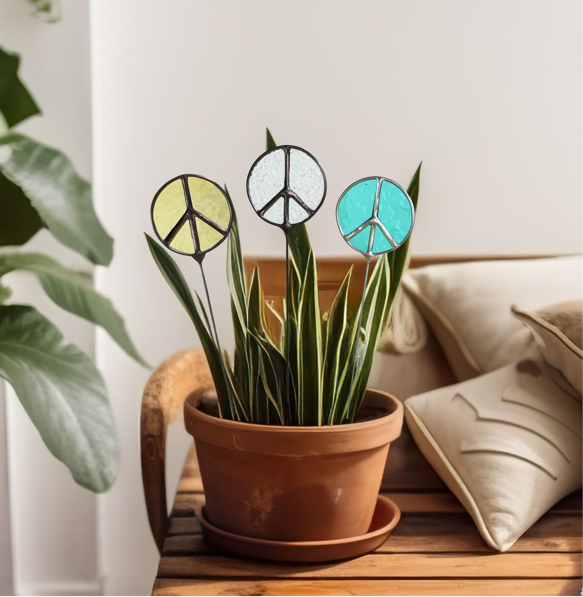 peace sign succulent Handmade Stained Glass Peace Sign Plant Stakes – Boho Garden Decor