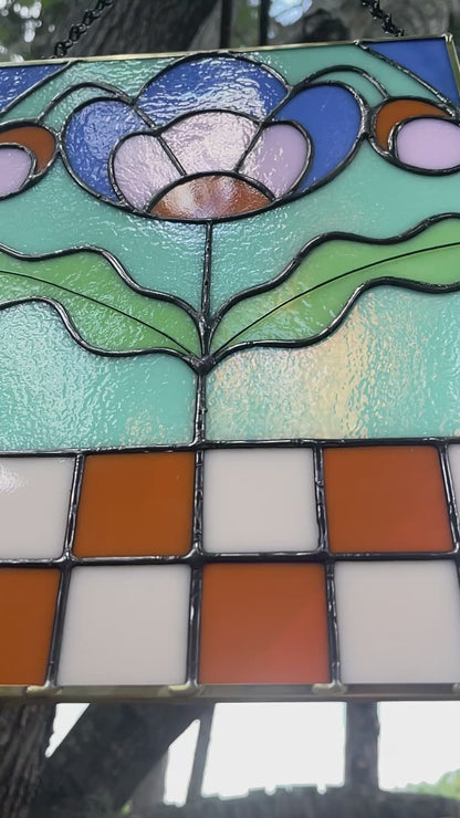 Checker Blossom Folk Art Botanical Stained Glass Panel