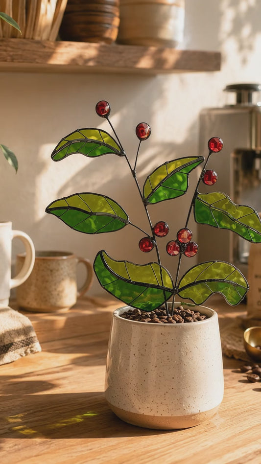 Handmade Stained Glass Coffee Plant | Coffee Lover Gift | Botanical Coffee Bar Decor
