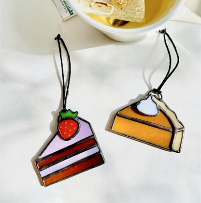 Stained Glass Dessert Gift Set – Strawberry Cake & Pumpkin Pie Ornaments, Thanksgiving Hostess Gift